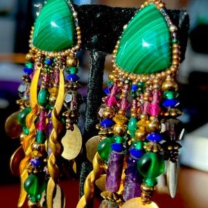 Chipita Malachite Earring w brass dome & swirls w loaded crystal & glass-